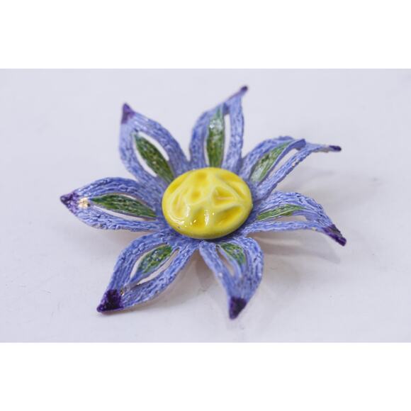 Blue-Yellow Six-petalled Flower Brooch, Enamel Bright, Eye-Catching, Jewelry - Picture 1 of 2